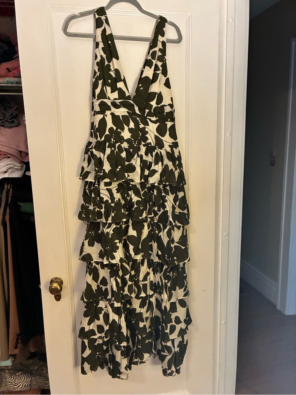 J. Crew Olive and Cream Floral Tiered V-Neck Maxi Dress